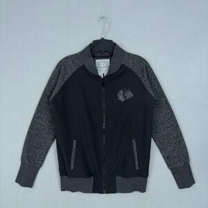 Chicago Blackhawks Jacket Womens Large Black NHL Bomber Sporty Old Time Hockey